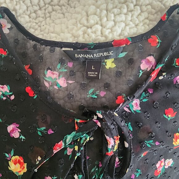 Banana Republic Black Floral Sheer Dot Dress Overlay - Size Large - Picture 3 of 5